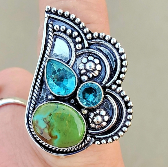 New Chrysocolla & Blue Topaz 925 Silver Ring. - Picture 8 of 16